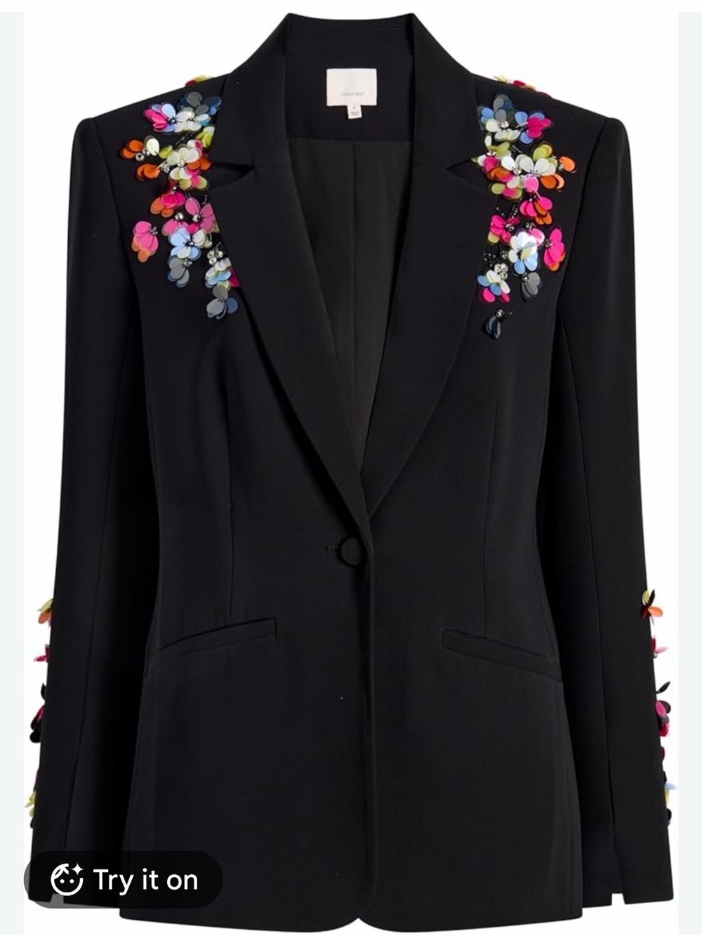 cinq a sept Black Blazer with Multicolor Sequin Floral Embellishment